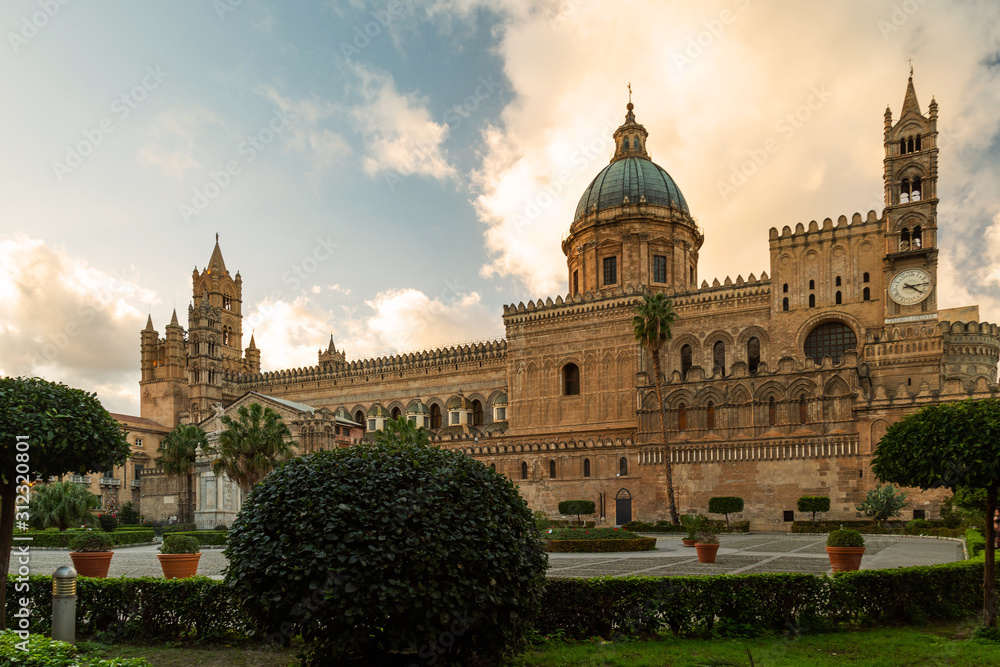 Palermo Cathedral (Cattedrale di Palermo) at the sunset, Sicily