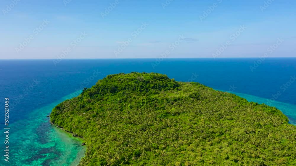 Tropical island covered in the jungle, top view. Turquoise water and coral reefs around the island. Summer holiday vacation concept. Tropical island covered in the jungle, top view. Turquoise water and coral reefs around the island. Summer holiday vacation concept.