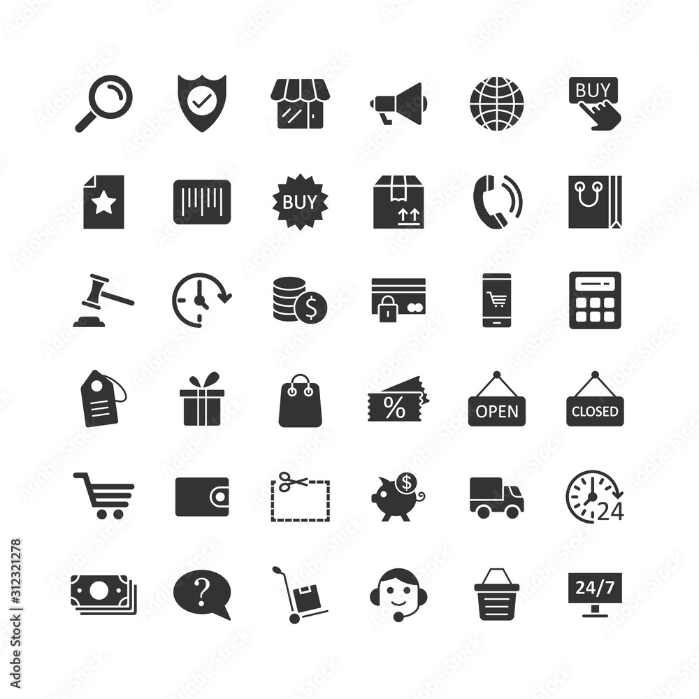 Shopping icon set in flat style. Online commerce vector illustration on white isolated background. Market store business concept. Shopping icon set in flat style. Online commerce vector illustration on white isolated background. Market store business concept.