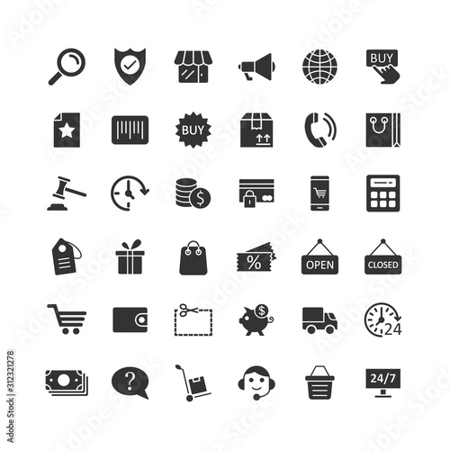 Shopping icon set in flat style. Online commerce vector illustration on white isolated background. Market store business concept.