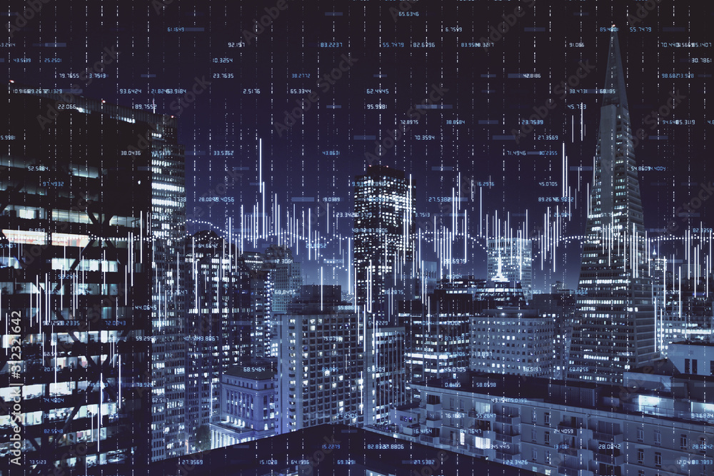 Financial graph on night city scape with tall buildings background multi exposure. Analysis concept.