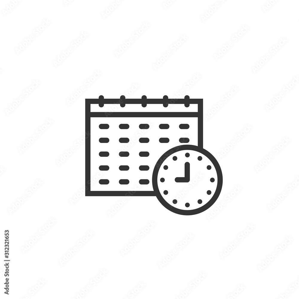 Calendar with clock icon in flat style. Agenda vector illustration on white isolated background. Schedule time planner business concept.