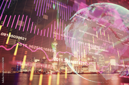 Financial graph on night city scape with tall buildings background multi exposure. Analysis concept.