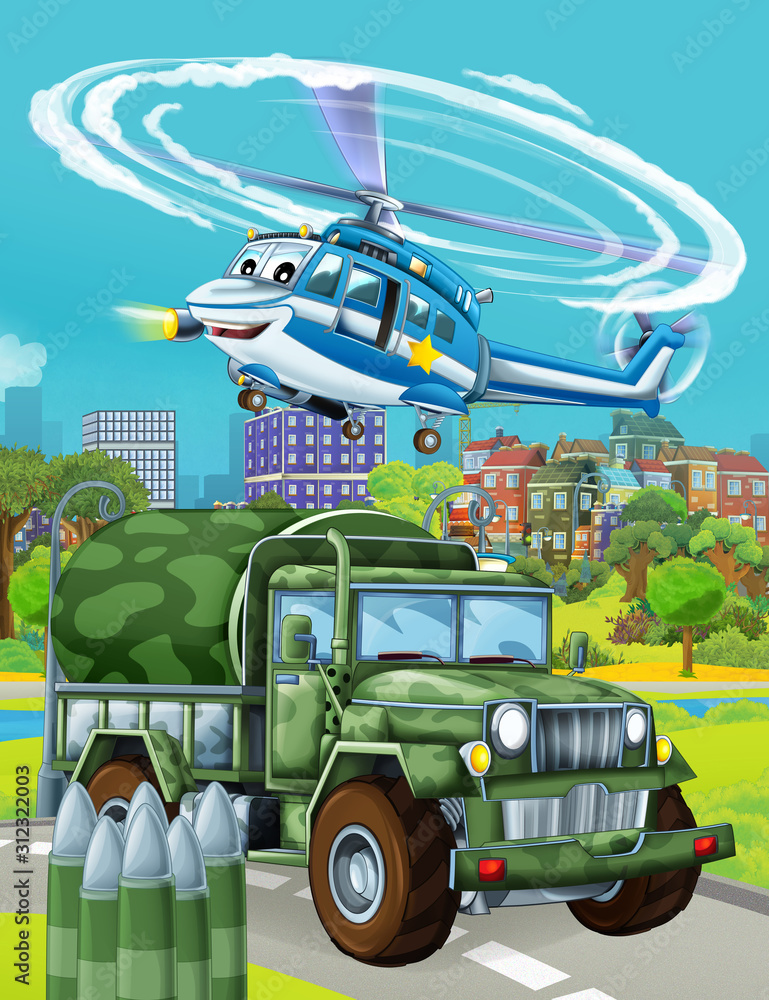cartoon scene with military army car vehicle on the road and police helicopter flying over - illustration for children