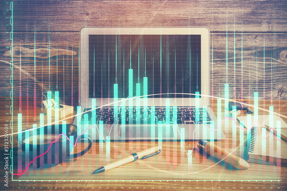 Double exposure of forex graph and work space with computer. Concept of international online trading. Double exposure of forex graph and work space with computer. Concept of international online trading.