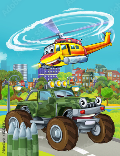 cartoon scene with military army car vehicle on the road and rescue or fireman helicopter flying over - illustration for children © honeyflavour