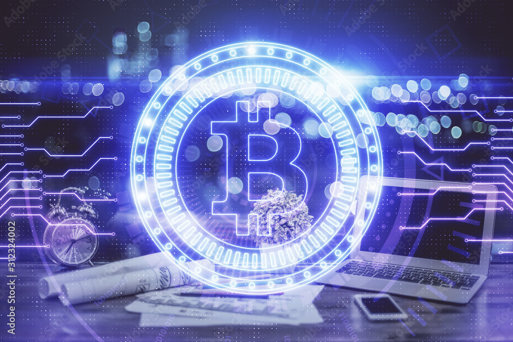 Double exposure of blockchain theme hologram and table with computer background. Concept of bitcoin crypto currency. Double exposure of blockchain theme hologram and table with computer background. Concept of bitcoin crypto currency.