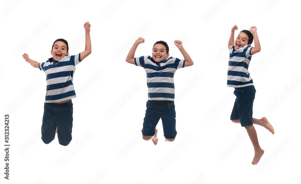 Young Happy Boy Jumping Over Background Young Happy Boy Jumping Over Background