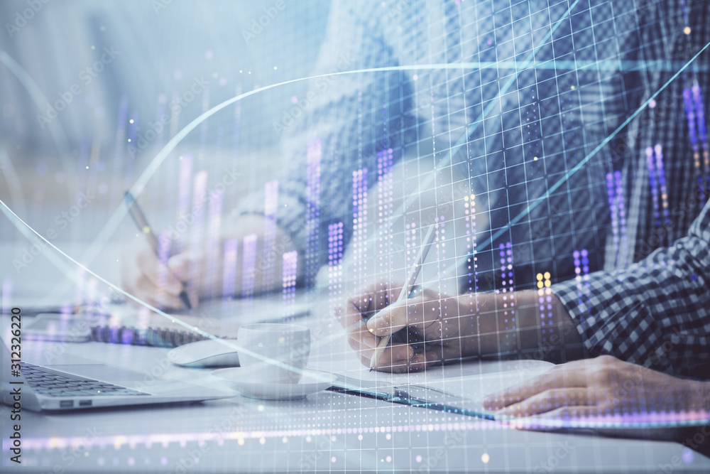 Multi exposure of forex chart with man working on computer on background. Concept of market analysis. Multi exposure of forex chart with man working on computer on background. Concept of market analysis.