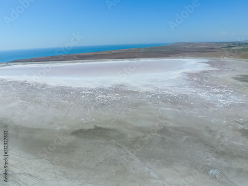 Saline Salt Lake in the Azov Sea coast. Former estuary. View from above. Dry lake. View of the salt lake with a bird's eye view photo