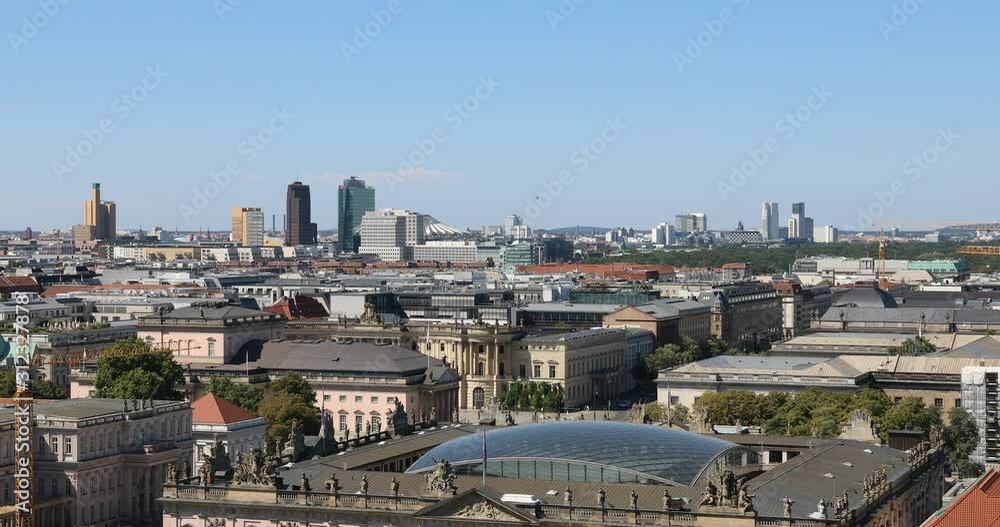 Aerial view of central Berlin, looking from the Alexander Platz area over the Marstall and Humboldt university towards the Potsdamer Platz, showing of the modern skyscraper on the horizon. Aerial view of central Berlin, looking from the Alexander Platz area over the Marstall and Humboldt university towards the Potsdamer Platz, showing of the modern skyscraper on the horizon.