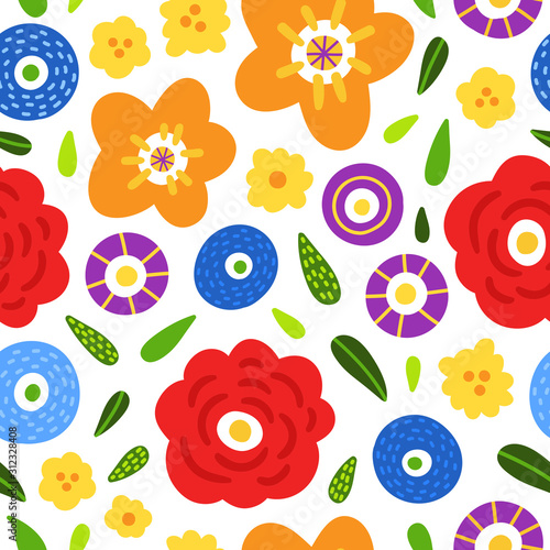 Colorful floral seamless pattern. Vector background with bright flowers. Cute botanical repeat print