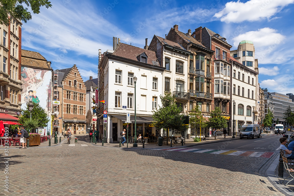 Brussels, Belgium. Beautiful buildings at the crossroads of Lombardstraat and Marche au Charbon