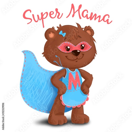 Bear mother Supemom superhero in a blue dress. (ID: 312329016)