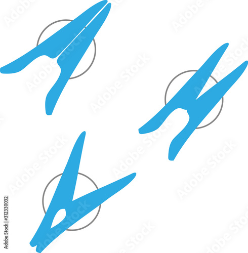A set of three blue plastic clothes pins vector illustration. Closed, open and half-open.