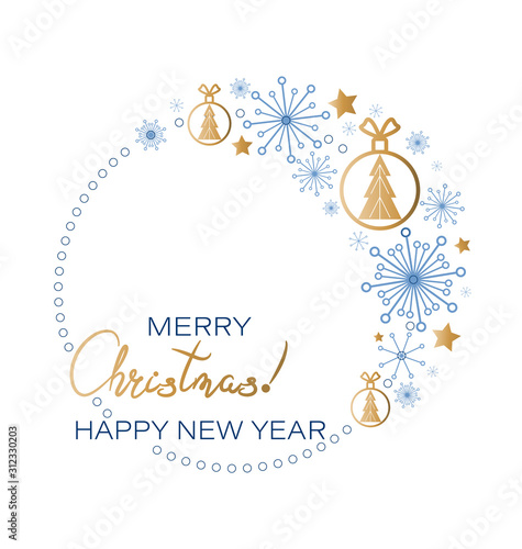 Christmas, New Year round frame. Snowflakes and golden christmas toys, stars. Winter holiday background with place for text. Vector illustration isolated on a white background.