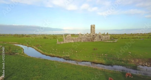 Aerial view of the Ross Errilly Friary at sunset. Co. Galway, Ireland. April, 2019 photo