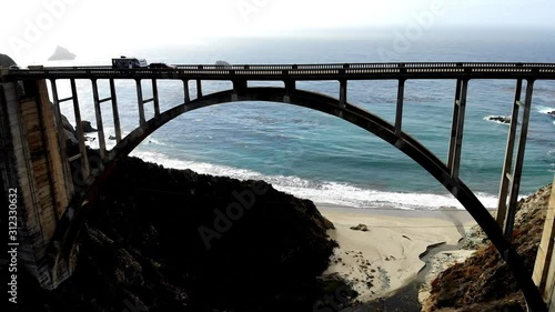 Above sightseeing from helicopter for looking around on breathtaking views in coastal nature environment, highway roadway near big sur in California State, bird's eye of beautiful landmark at seaside