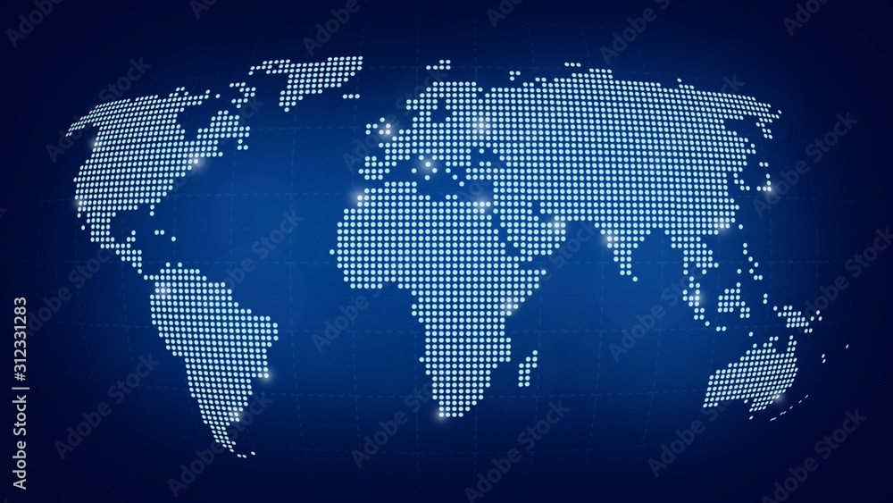 Dotted world map with some highlighted cities on blurred dark blue background. High resolution abstract illustration. Dotted world map with some highlighted cities on blurred dark blue background. High resolution abstract illustration.