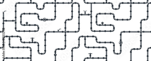 Horizontal industrial seamless pattern. Black piping on white background. pipes for water, gas, oil. Vector illustration in a flat style.