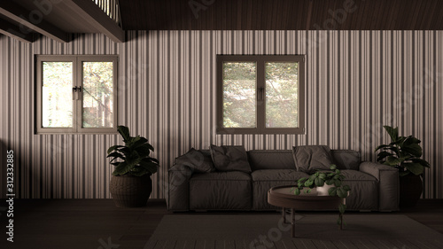 Country house living room, lounge with wooden roof, mezzanine loft. Comfortable sofa with pillows, carpet and potted plants, parquet and windows, modern white and gray interior design © ArchiVIZ