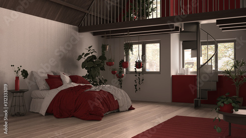 Modern loft with mezzanine and staircase, parquet floor and panoramic windows. Studio apartment, open space, bedroom, bed, kitchen and balcony terrace, white and red interior design