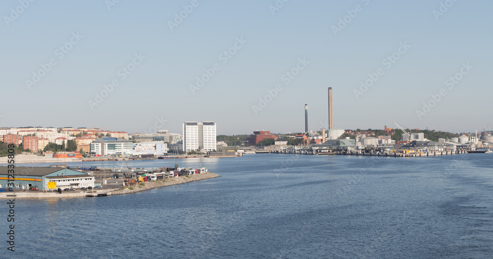 Stockholm harbor in summer on a sunny day, Sweden. Panorama. View from the water