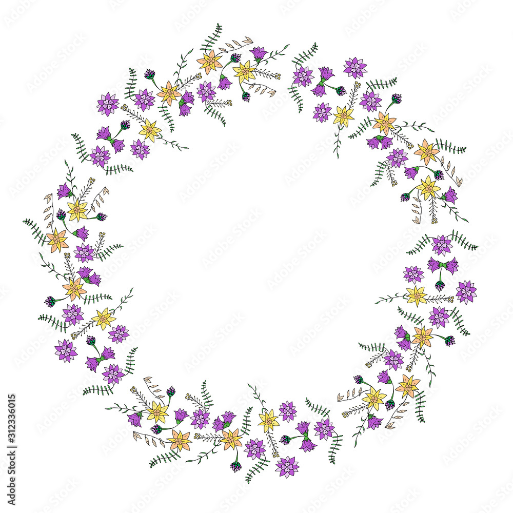 Round frame made of flowers and herbs. Romantic floral wreath on white background. Festive floral circle for your design