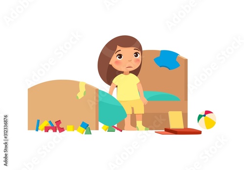 Upset kid in messy bedroom flat vector illustration. Little girl in dirty apartment cartoon character. Unhappy child in unkempt room isolated on white background. House chores, cleanup
