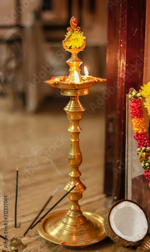 Closeup oil lamp during festival day