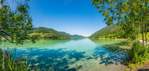 Panoramic view over lake Weissensee in Austria in summer during daytime