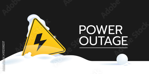 The banner of a power outage with a warning sign that is covered with snow and sticks out in it. The main elements are on a solid black background.