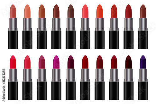 Spilled colorful lip gloss with applicators background. Makeup cosmetic products. Set of color lipsticks. Pink, red, brown and purple lipstick heads. Liquid matte lipstick palette. Vector illustration