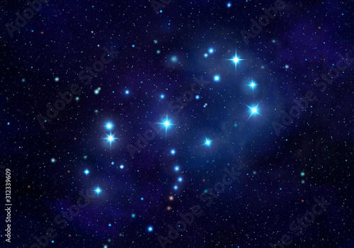 Pleiades or Seven Sisters Constellation in the Night Sky Illustration
