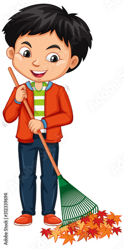 Boy raking leaves on white background