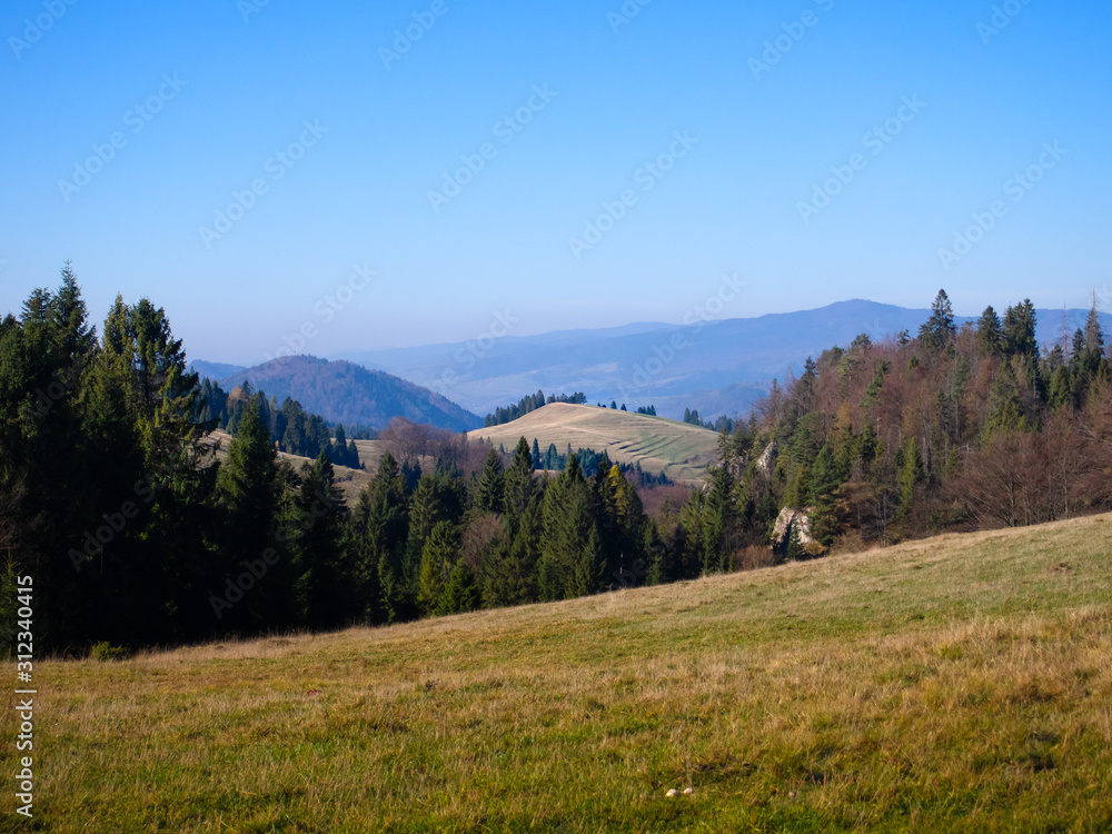 Mount Beresnik in Pieniny Mountains in autumn. View from near Rozdziela Pass.