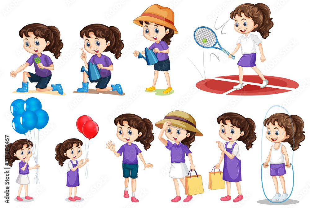 Set of girl doing different activities on isolated background