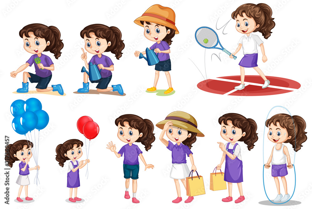Set of girl doing different activities on isolated background Set of girl doing different activities on isolated background