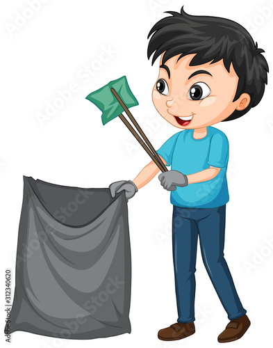 Boy picking up trash on isolated background