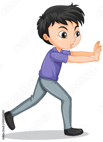 Boy pushing wall on isolated background