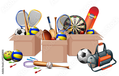 Three boxes full of sport equipments on white background