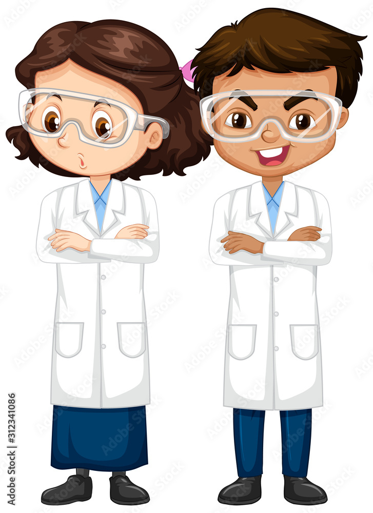 Boy and girl in science gown on isolated background Boy and girl in science gown on isolated background