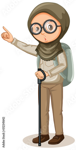 Muslim girl with hiking stick on white background