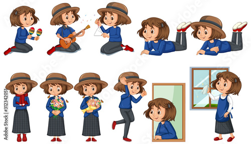 Set of happy girl doing different activities