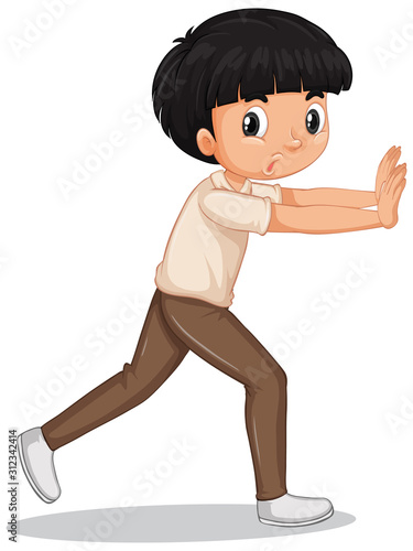 Boy pushing wall on white background
