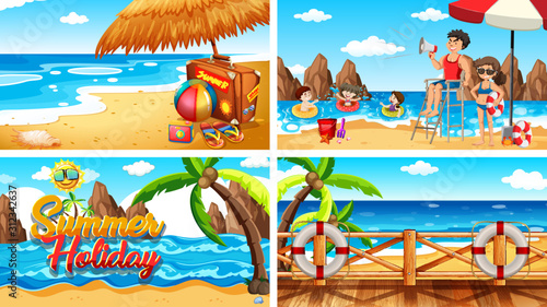 Four background scenes with people on the beach