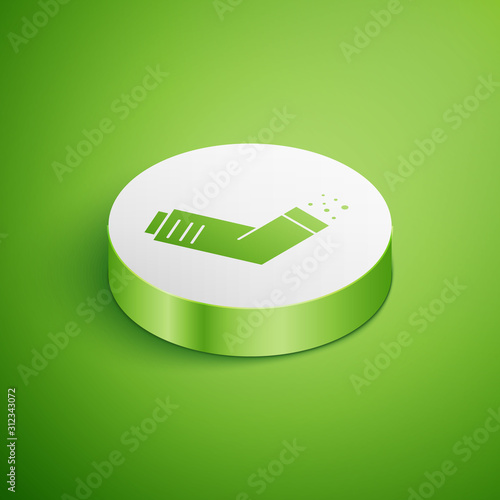 Isometric Inhaler icon isolated on green background. Breather for cough relief, inhalation, allergic patient. Medical allergy asthma inhaler spray. White circle button. Vector Illustration