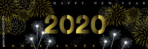 2020-Bannière d’ambiance de fêtes nocturnes avec des feux d’artifices et des cierges magiques - Texte Français, anglais, traduction : bonne année.