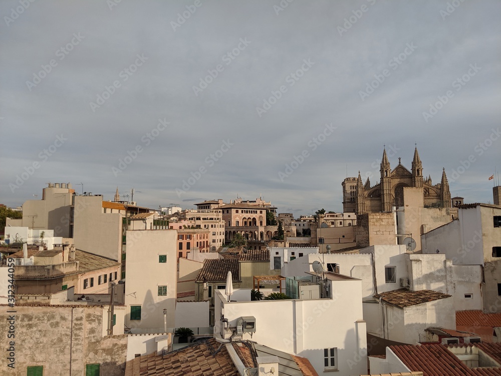 Ansicht der Kathedrale von Palma de Mallorca, gesehen über die Dächer der Altstadt hinweg