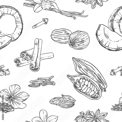 Sweet spices seamless pattern. Vector background with herbs and spices for baking and culinary cooking